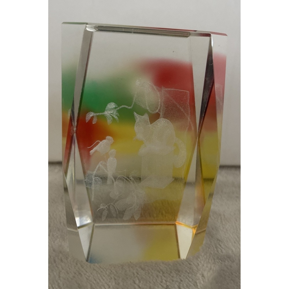 Cat Birds Colorful Laser Etched Crystal Glass Paperweight 3x2"